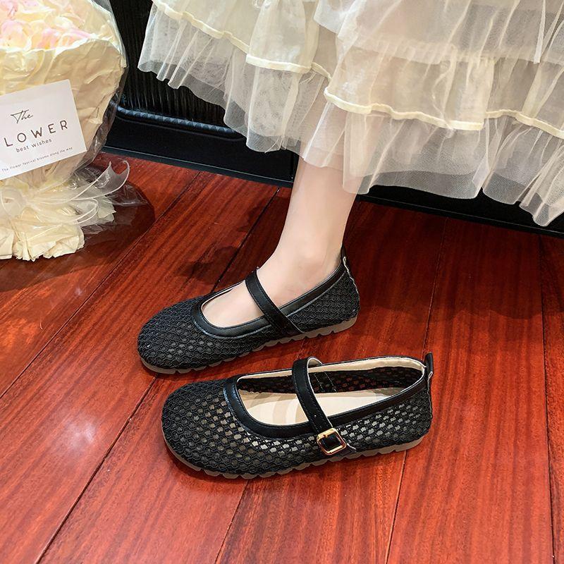

French hollow mesh fishing net shoes women s 2025 summer new Korean versatile simple woven belt Mary Jane women s shoes 40 чёрный