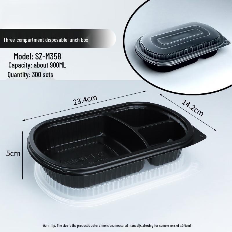 Shixun 900ml Divided Meal Prep Containers, Black Base & Clear Lid (300 Sets)