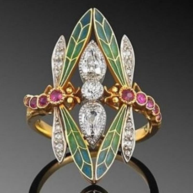 Vintage Inlaid Pink White CZ Women's Ring Trendy Gold Color Hand Carving Dragonfly Daily Wear Party Jewelry Anniversary Gift