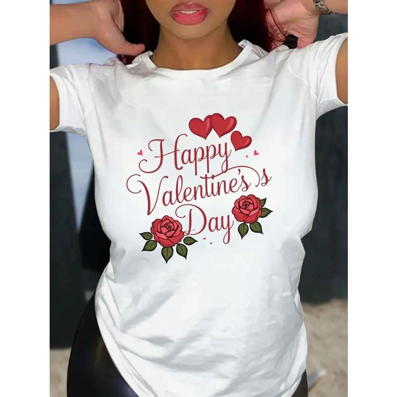 

European sizes Womens Happy Valentines Day Graphic T Shirt Short Sleeve Round Neck Casual Top with Red Hearts Roses Print S белый