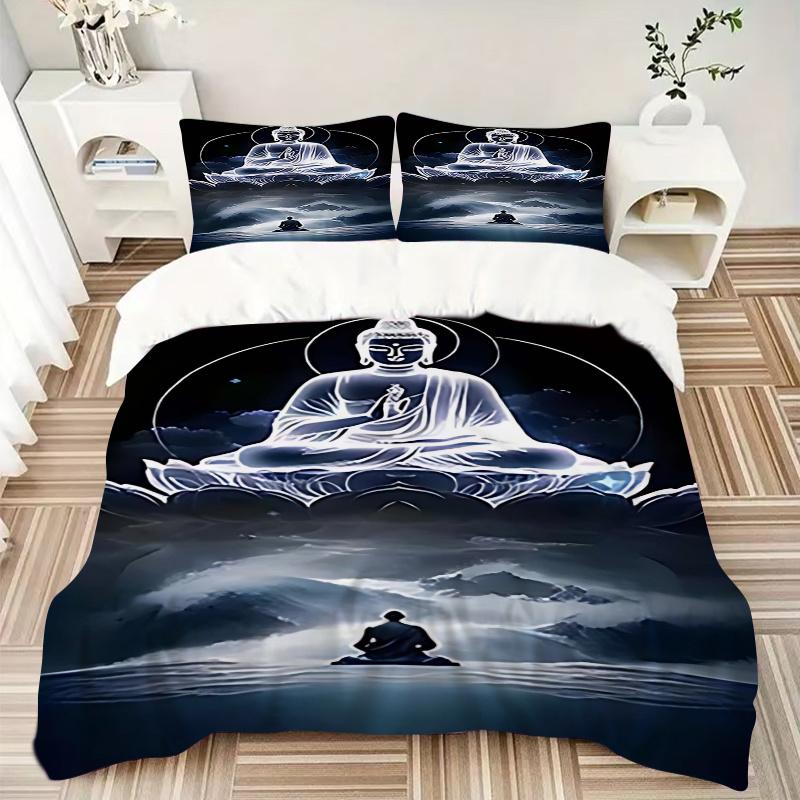 Juego de Funda Nórdica de 3 Piezas con Estatua de Buda con Una Funda Nórdica y Dos Fundas de Almohada (Sin núcleo) - Diseño de Dibujos Animados de Anime, Perfecto para Decoración de Dormitorio y Habitación de Invitados