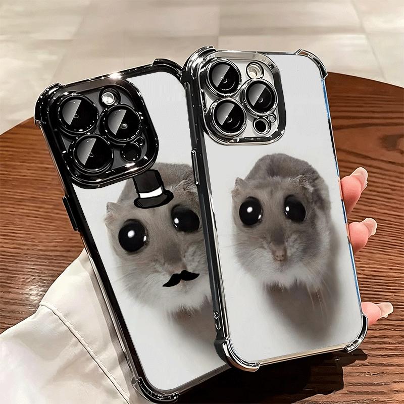 Funny Sad Hamster Meme Plating Phone Case For Iphone 16 17 Pro Max Air 16E 14 15 Plus 12 13 Mini Anti-Fall Airabag Cover