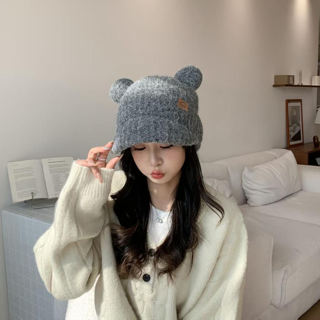 Autumn and winter new cute bear round ears wool hat women's headband hat showing a small face warm ear protection knitted hat