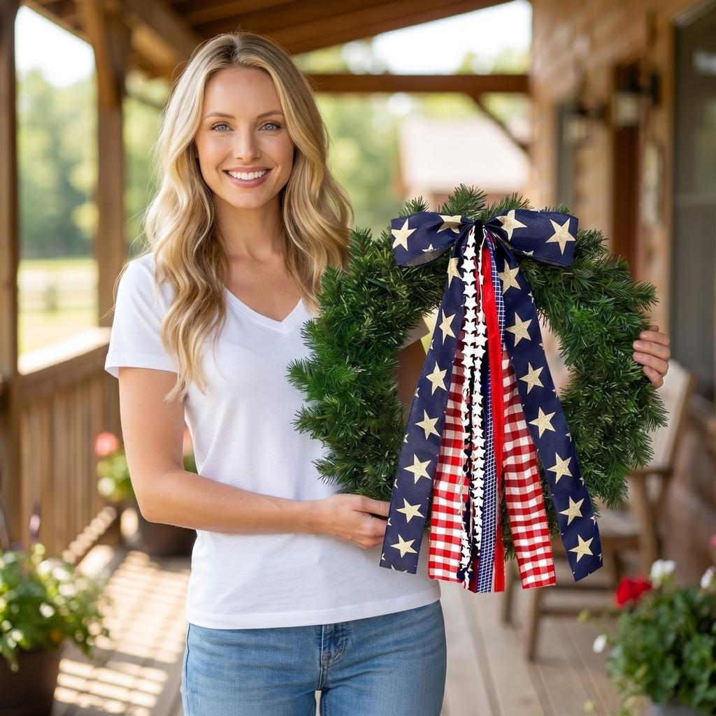 Patriotic Star and Plaid Ribbon Bow for Wreaths Door Wall Decor Indoor Outdoor Decorative Hanging Accessory for Festivals Parties Events