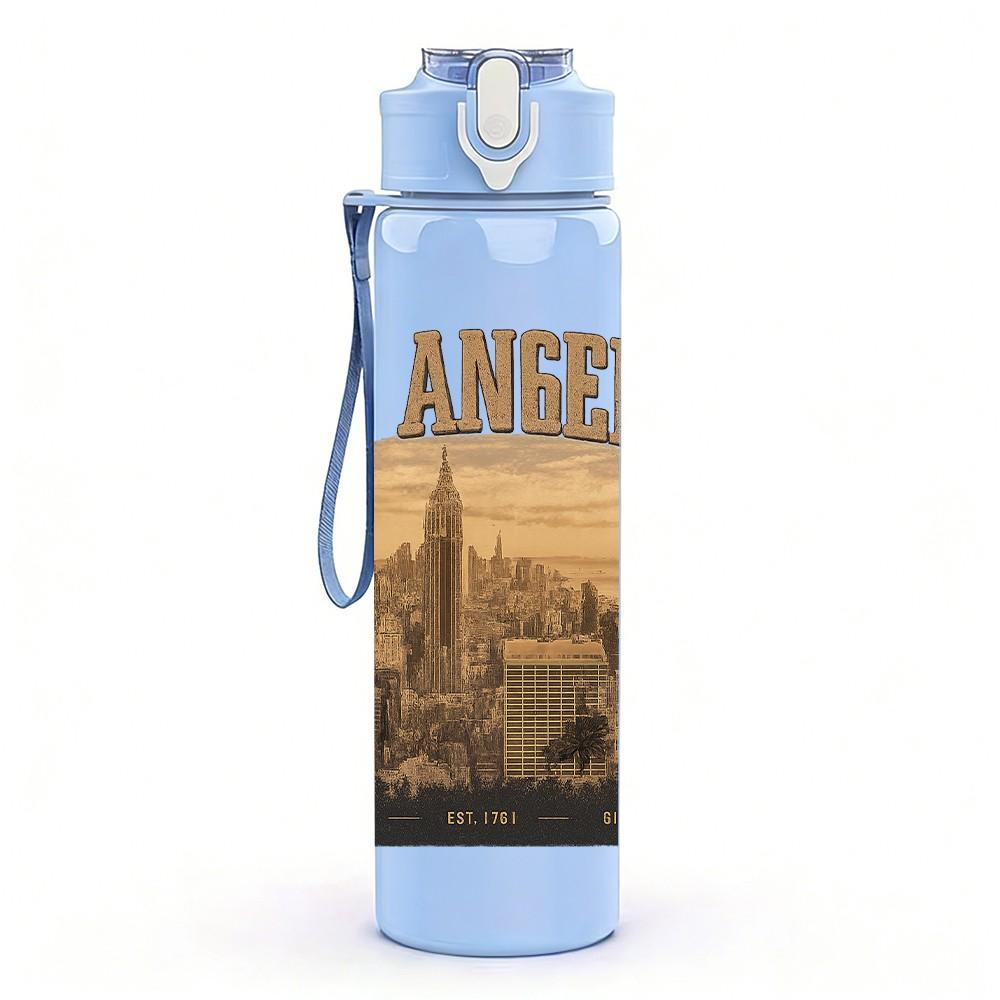 1PC Los Angeles City Print 750ml Color Plastic Sports Water Bottle Leakproof Flip Straw Lid Suitable for Sports Office Home Use