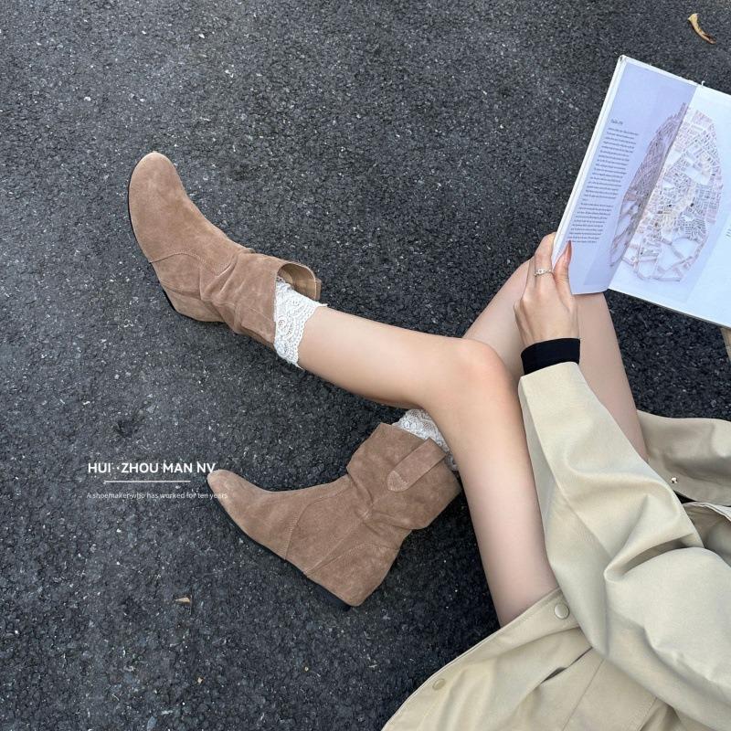 The first layer of cowhide~ genuine leather inner height increase retro short boots women's western Martin boots round head short tube stacking boots