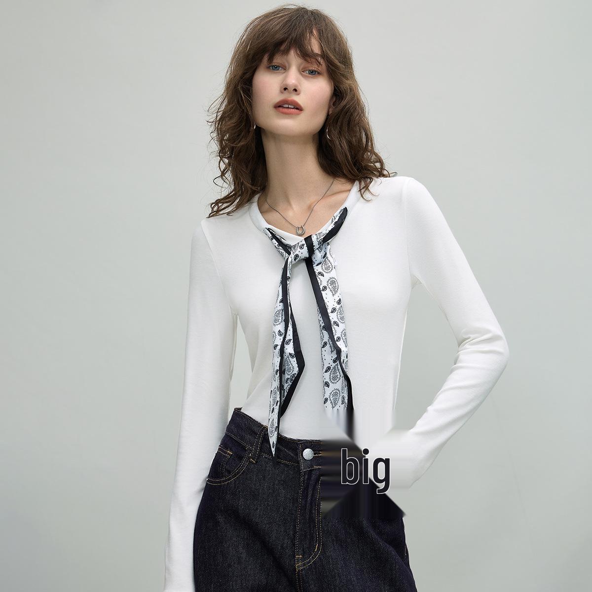 

Autumn 2025 Women s Tie-Up Silk Scarf Long-Sleeve T-Shirt Double Extra Large белый