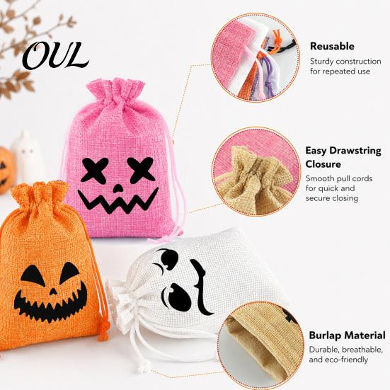 Reusable Halloween Decor 5Pcs Candy Bags with Drawstring, Funny Ghost Pumpkin Print Gift Pouches for Party Favors And Trick or Treat Sacks, Decorative