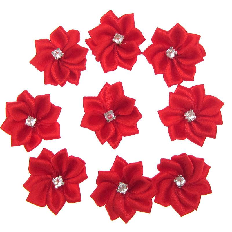 10Pcs Handmade Small Satin Flowers Fabric Rhinestone Flower Appliques For Sewing Craft Wedding Decorations 2.8cm