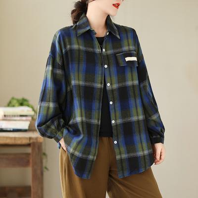 Plus Size Women New Blouse Coat Basic Jackets Vintage Outerwear Plaid Long Sleeve Casual Tops Loose Autumn