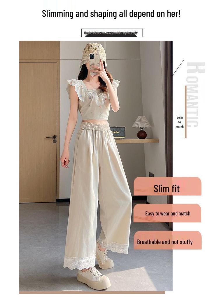 Women's Lace-Trimmed Wide-Leg Pants: Spring/Summer Loose-Fit, Slimming, Plus-Size, Petite Casual Nine-Point Sports Pants