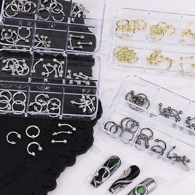 30Pcs/Box Black/Silver Metal Alloy Nail Charms Decoration DIY 6 Grids Mixed Cool Y2k Punk Nail Art Accessories Manicure
