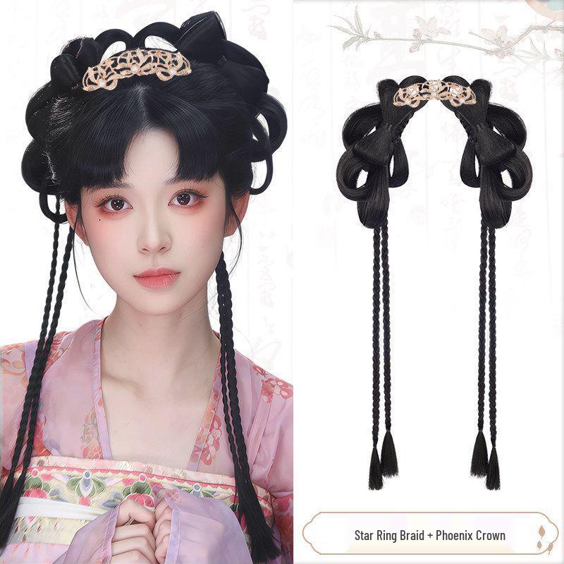 Ancient Style Hanfu Wig Bun with Full Hair Strand Updo Hairstyle Headwear Set