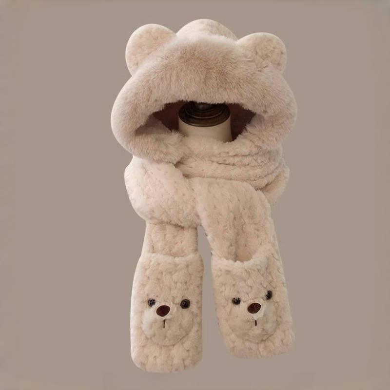 Hat Female Winter Warm Bear Three-Piece Set Plush Thickened Scarf Gloves Body Hat Cold Hat Cute Bear Ears