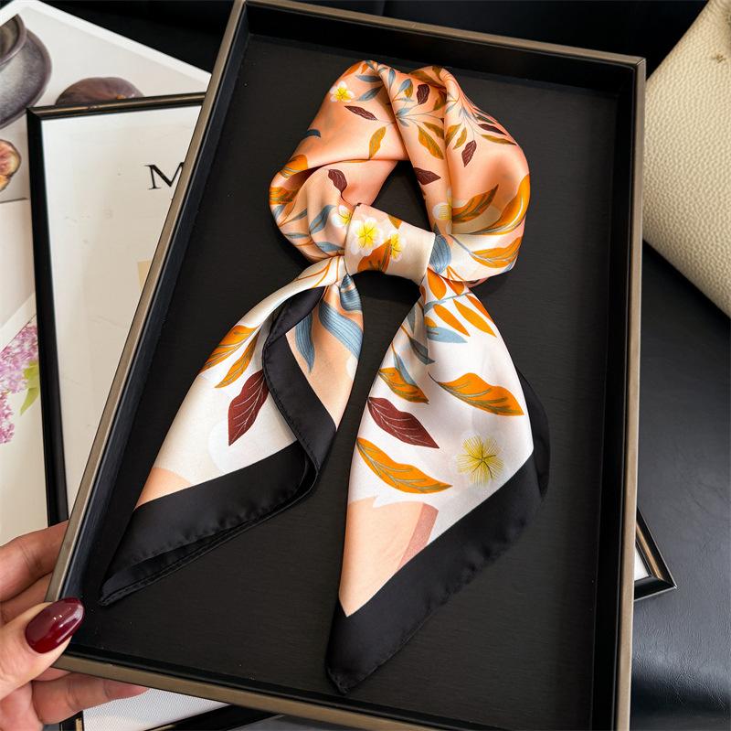 Romantic Branches and Leaves Simulation Silk Printing Women's Silk Scarf Square Scarf High-end Shawl Sunscreen Neck Scarf Headscarf Scarf