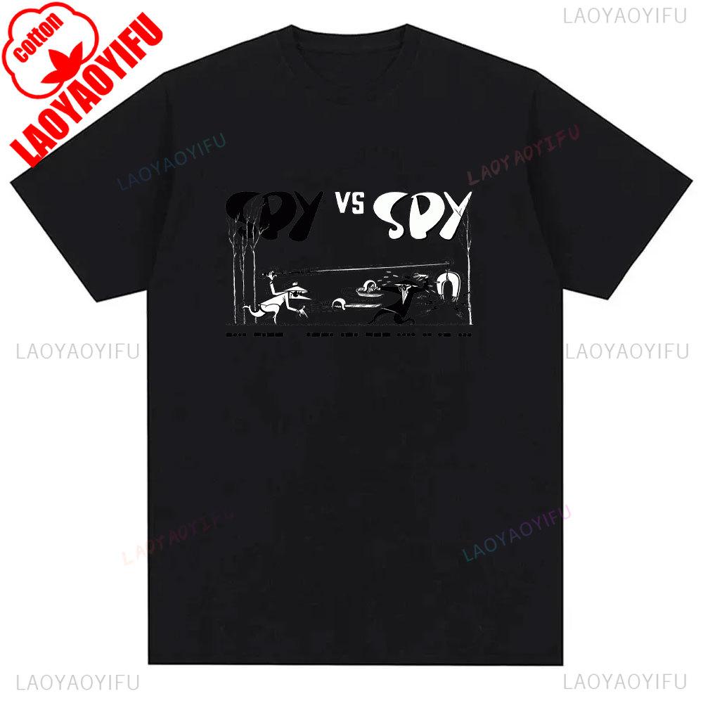 Mens Spy Vs Spy Graphic T Shirt Summer Cotton Crew Neck Retro 80s Cartoon Print Funny Humorous Vintage Style Fashion Tee Shirts