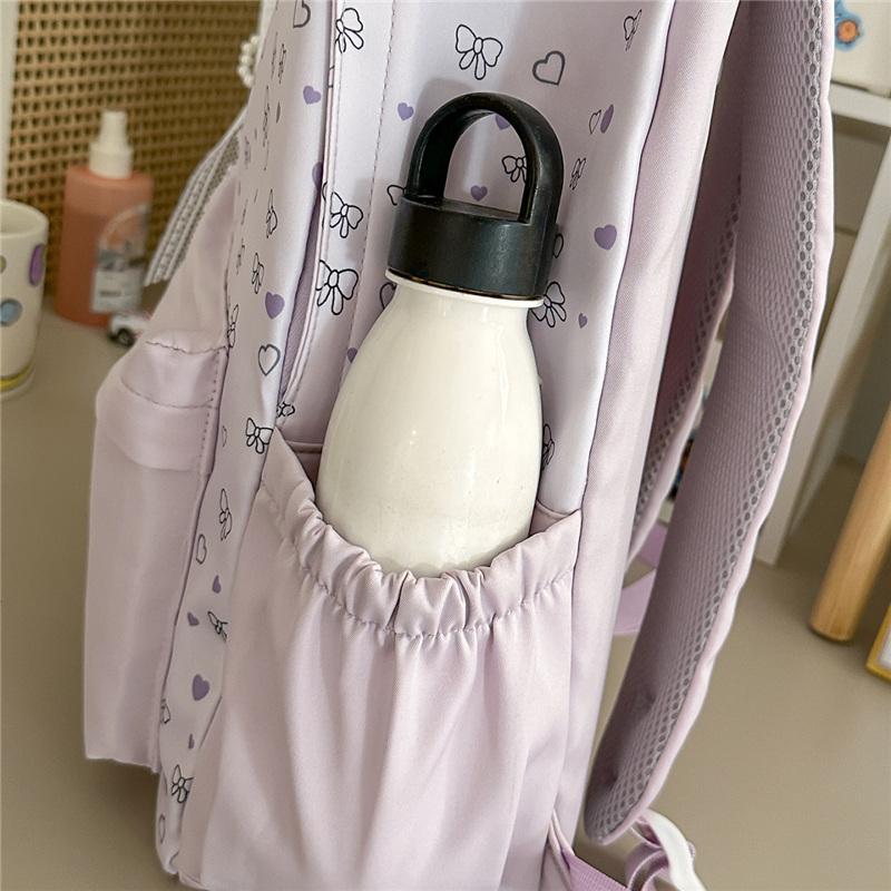 Cute Heart and Bow Print School Backpack with Front Pocket Top Handle Casual Daypack for Girls Students