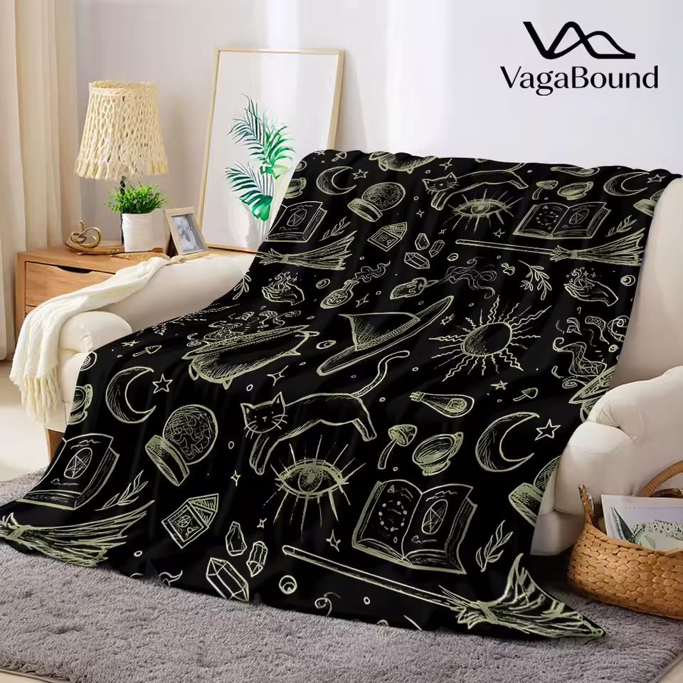 Witch Magic Doodle Print Flannel Blanket Warm Soft Halloween Christmas Decorative Couch Warm Cozy All-Season Gift