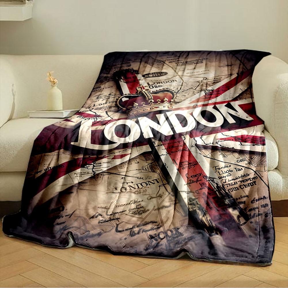 Union Jack overlaying a vintage London map with crown and bold text. for all seasons blanket lunch break throw gift