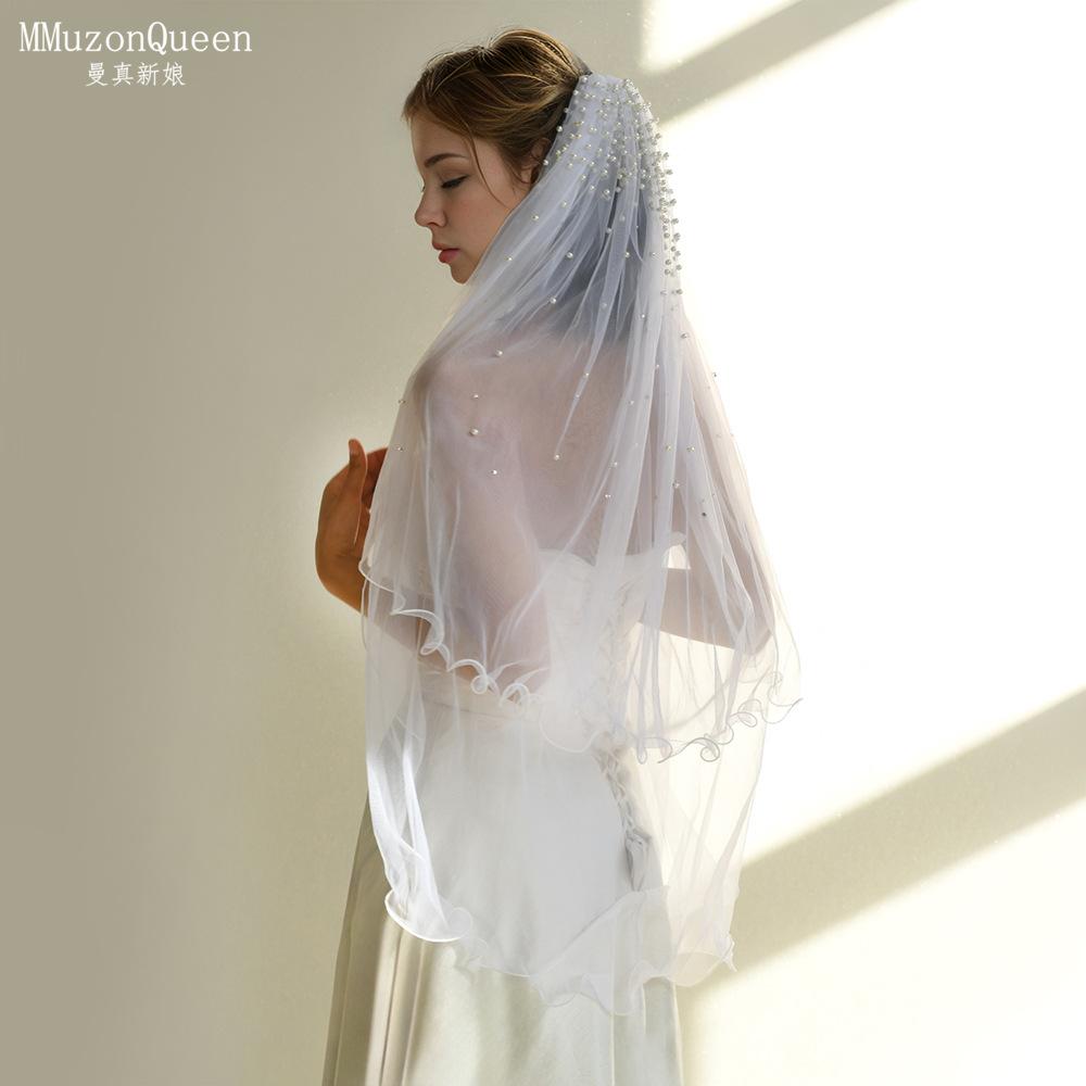 Wavy Edge Tulle Bridal Veil Mixed Size Scattered Pearl Hand Sewn Short Mid Length Wedding Veil With Comb For Strapless Gown Elopement Portrait Shoot