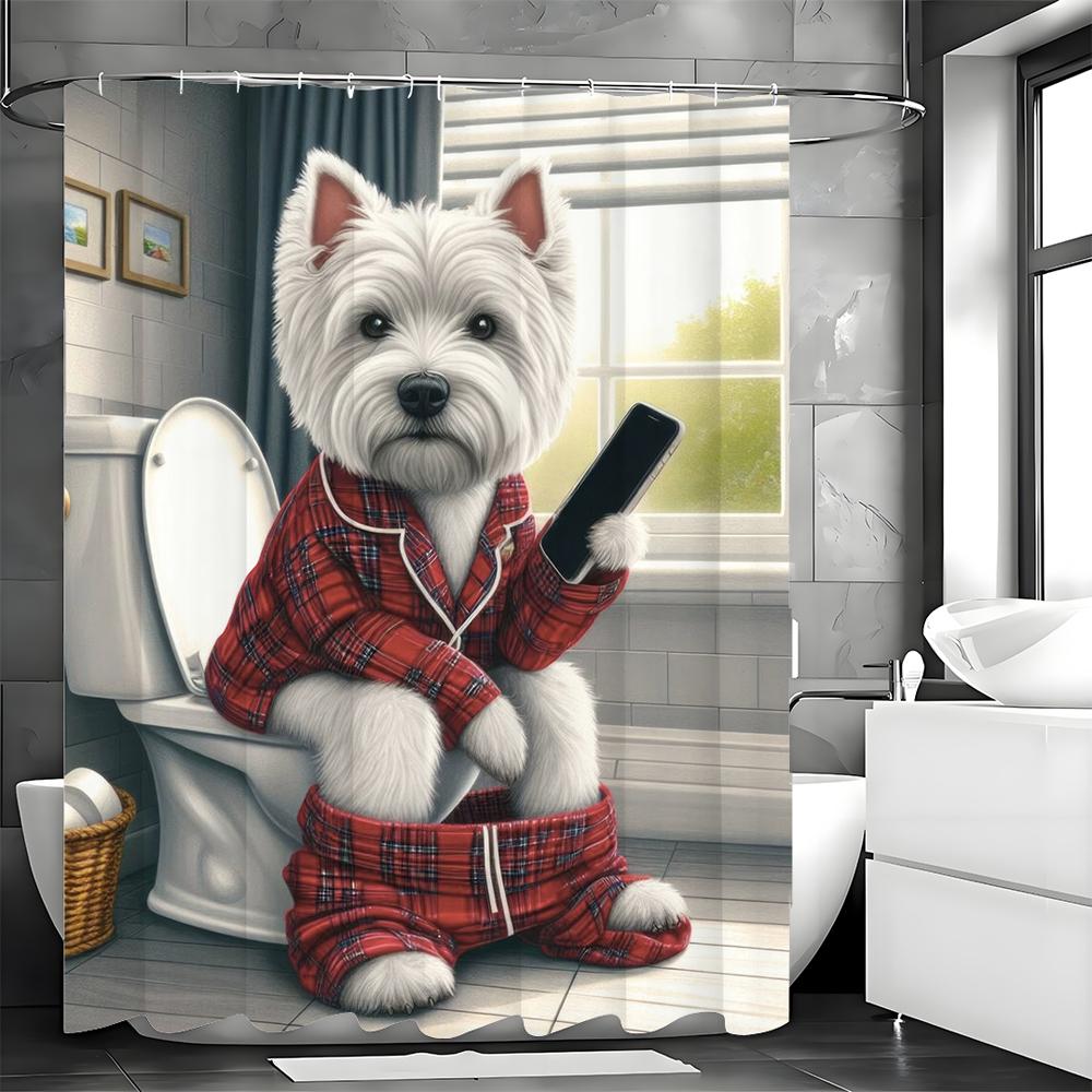 Søt hund som sitter på toalettet og leker med mobiltelefon Morsomt dusjforheng, Dekorativt dusjforheng til badet, Vanntett Sh