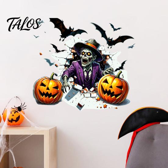 Self Adhesive Holiday Wall Art Halloween Zombie Pumpkin Bat Stickers, Waterproof PVC 3D Cracked Decals, Peel Durable Window Decals for Home And Stick