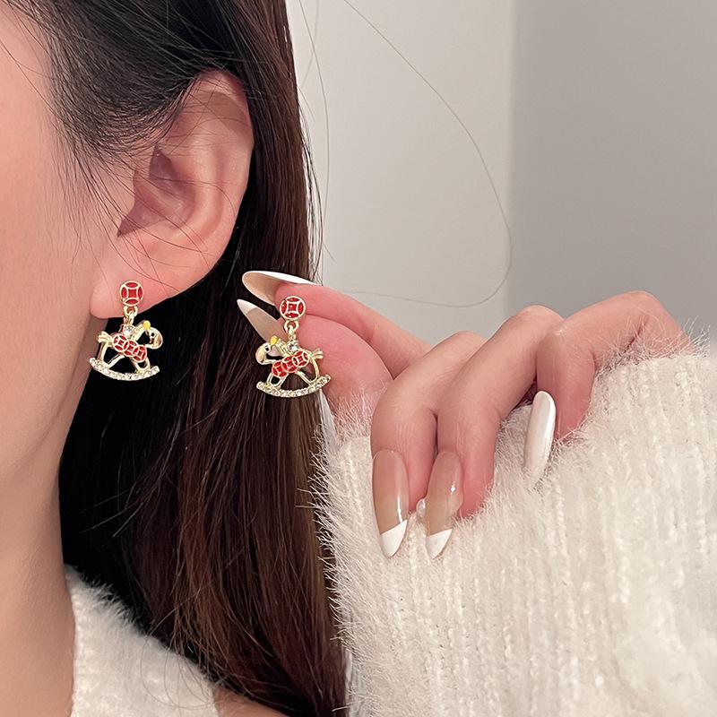 Year of the Horse 925 Sterling Silver Diamond Enamel Stud Earrings with Pearls - Retro High-End Design