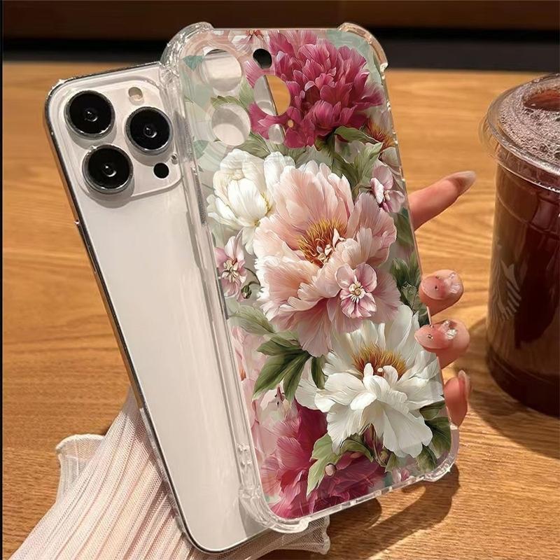 

Elegant Peony Flower Pattern Transparent Phone Case For iPhone 11 17 13 12 14 15 16 Pro Max XS XR15 Plus 16E 17E Bumper Cover iPhone 15 Pro Max