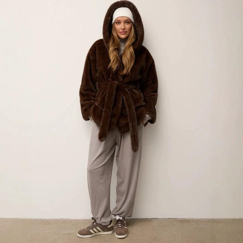 Womens Mid-Length Faux Mink Fur Coat With Hood Waist Tie Street Style Winter Outerwear