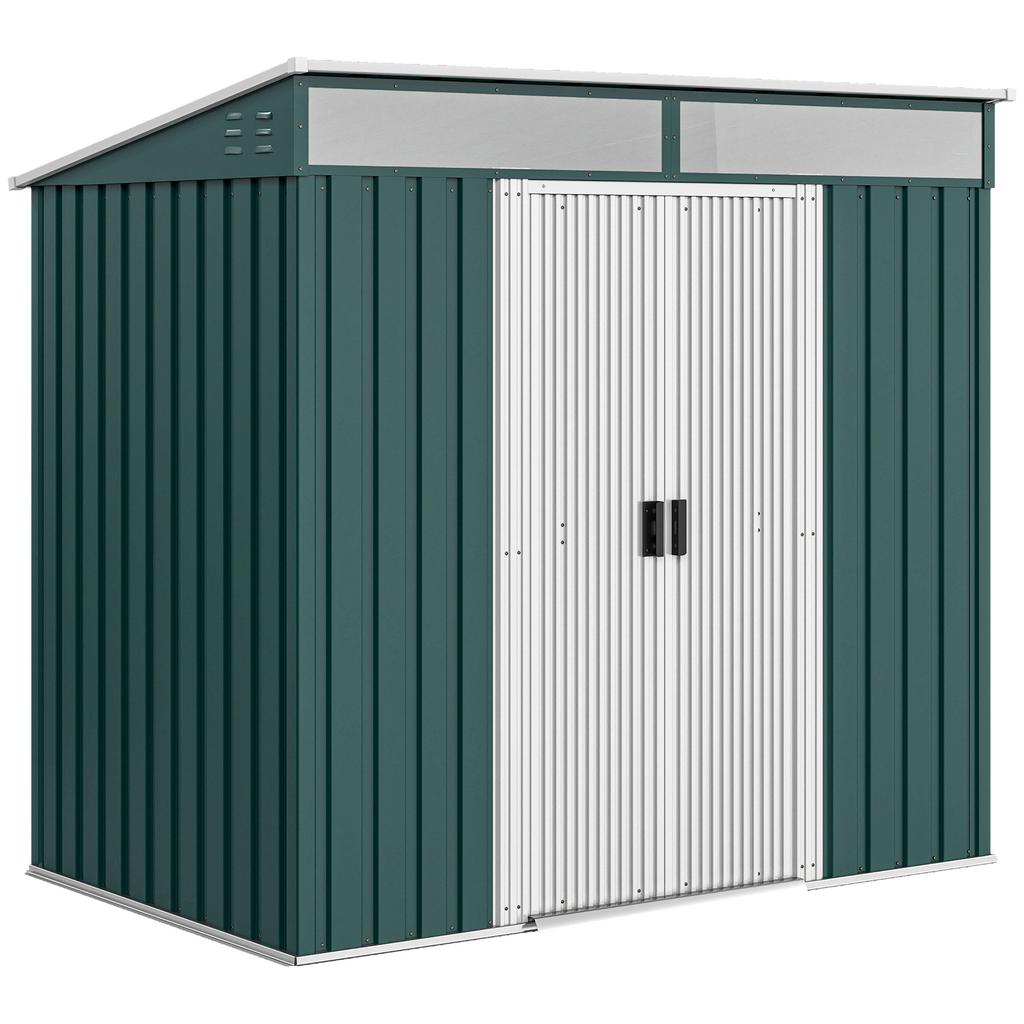 6.5 x 4FT Galvanised Metal Shed with Foundation Kit, Lockable Tool Garden Shed with Double Sliding Doors, Vents, Green