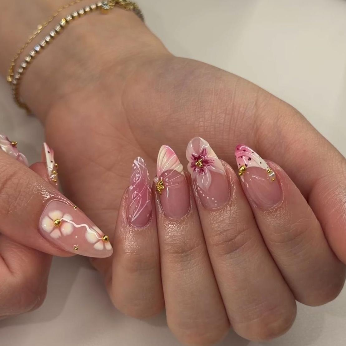 New 24-Piece Manicure 3D Three-Dimensional Relief Flower French Polka Dot Pearl Long Almond Wearing Armor Jelly glue + rubbing strips