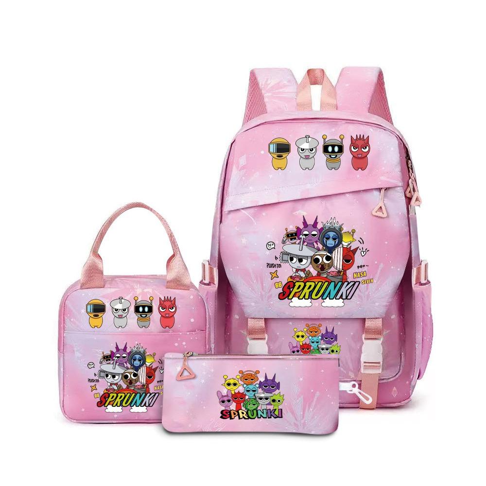 Rhythm box music game heat transfer backpack Sprunki pink schoolbag portable lunch bag stationery pencil case D