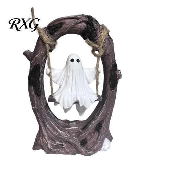 Cute And Spooky Desktop Decoration Ghost On Tree Swing Halloween Decor, Resin Figurine with Vintage Unique Tabletop Decor Base, Festive Party
