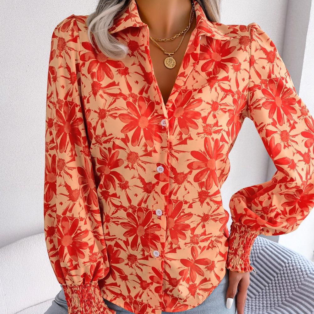 GMXIA Camicette con risvolto a maniche lunghe con stampa floreale estiva casual alla moda da donna e camicie con fiori a contrasto di colore con maniche a lanterna