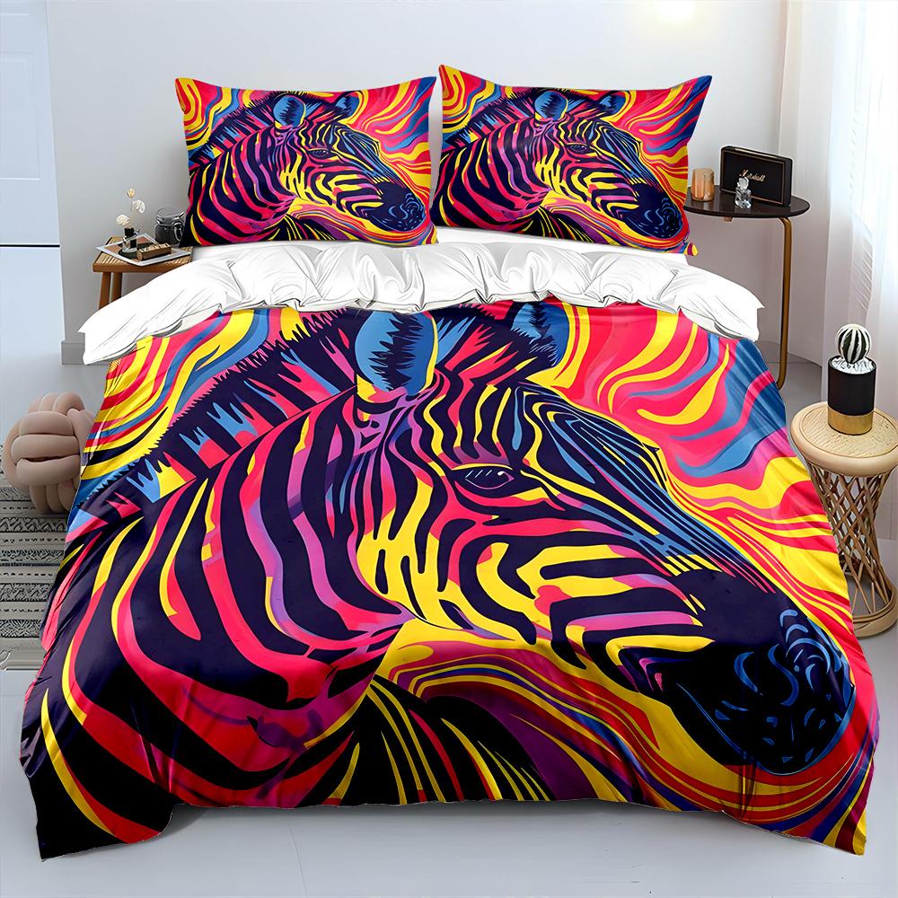 Vibrant Zebra Artwork Pattern Duvet Cover Set Digital Print Colorful Polyester Bedding With Zipper Closur For Kids Gifts