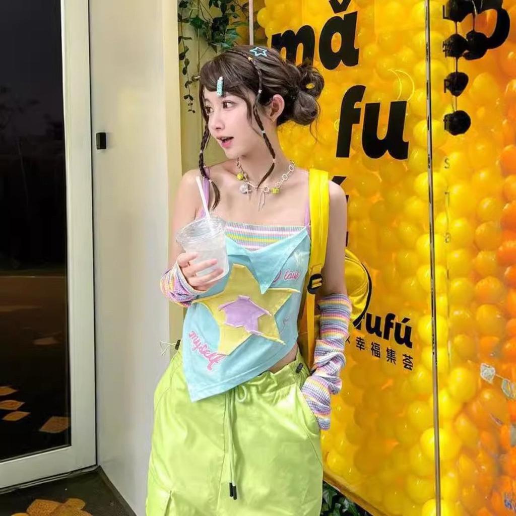 TrendHub Fake Two Pieces Contrast Color Tank Top Bow Letter Star Patchwork Slim Tops Sweet Y2k Aesthetic Casual Fashion All Match Camis