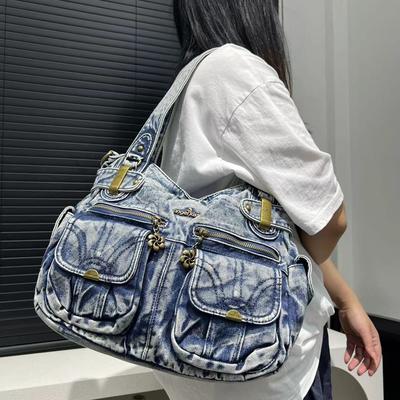 Ladies Vintage Washed Denim Tote Bag Multi Pocket Spice Girl Shoulder Crossbody Bag