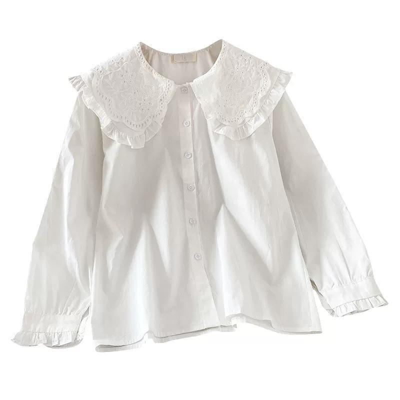 Preppy Style Peter Pan Collar White Shirt Women Spring Summer Long Sleeve Casual Loose Student Blouses Kawaii Button-Up Shirts
