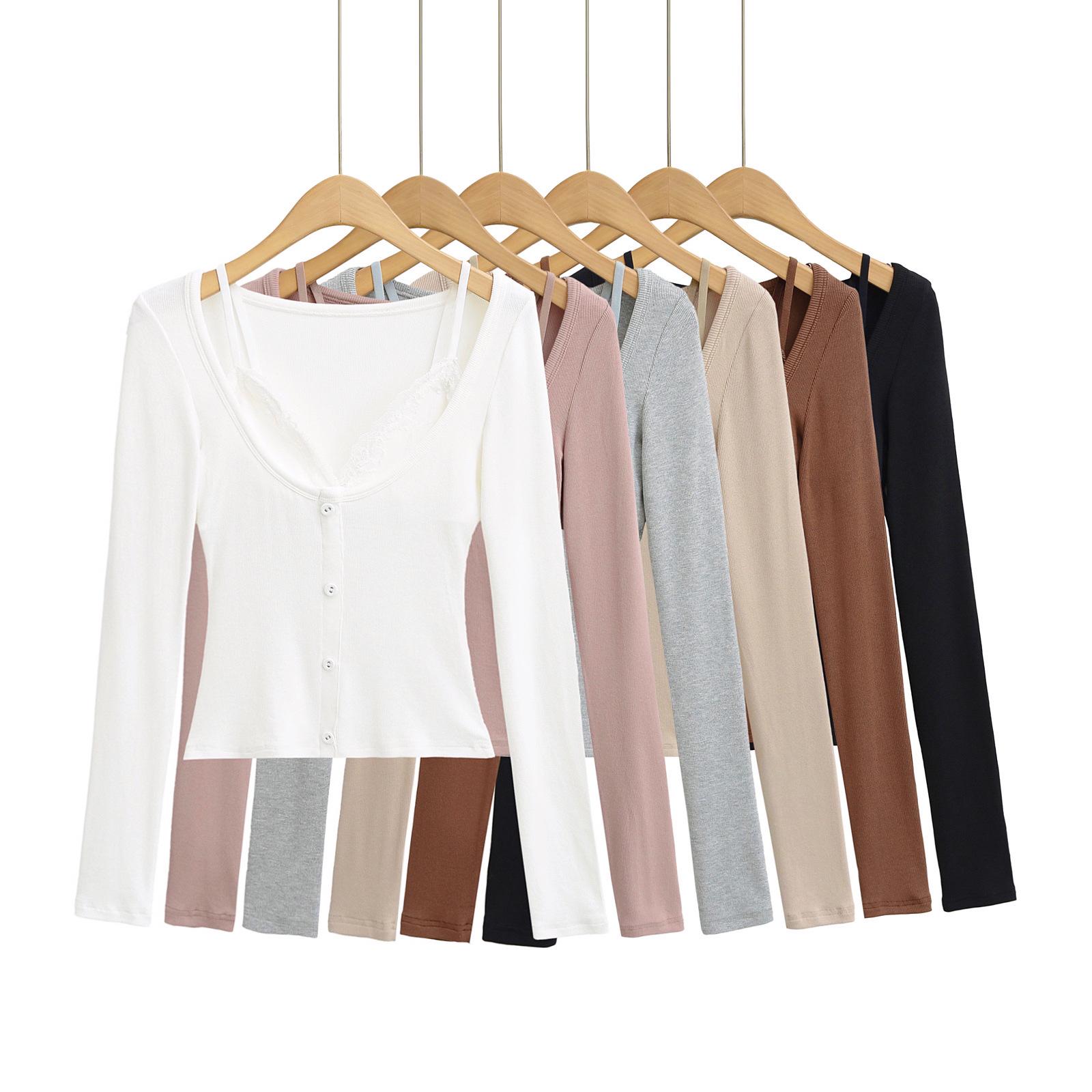 

2025 Spring Women s Slim Fit Long Sleeve Lace Patchwork T-Shirt Small