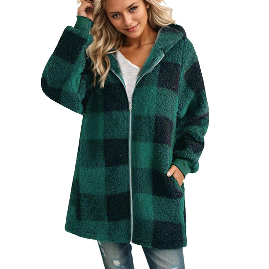 Women's Casual Plush Long Sleeve Plaid Hooded Zipper with Pocket Loose Coat