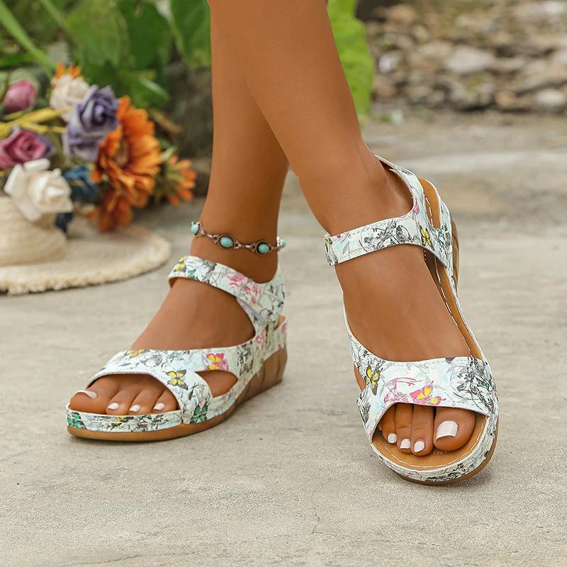 Fashion Casual Wedge Heel Printed Sandals for Women Mix Color Pu Leather Sandalias Woman Summer Wear-Resistant Platform Slippers Mujer