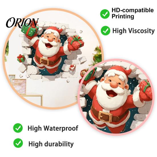 Indoor Outdoor Holiday Decor 3D Santa Claus Christmas Wall Decals, Break Through Reindeer Festive Murals Window Stickers, Removable Winter Decorations