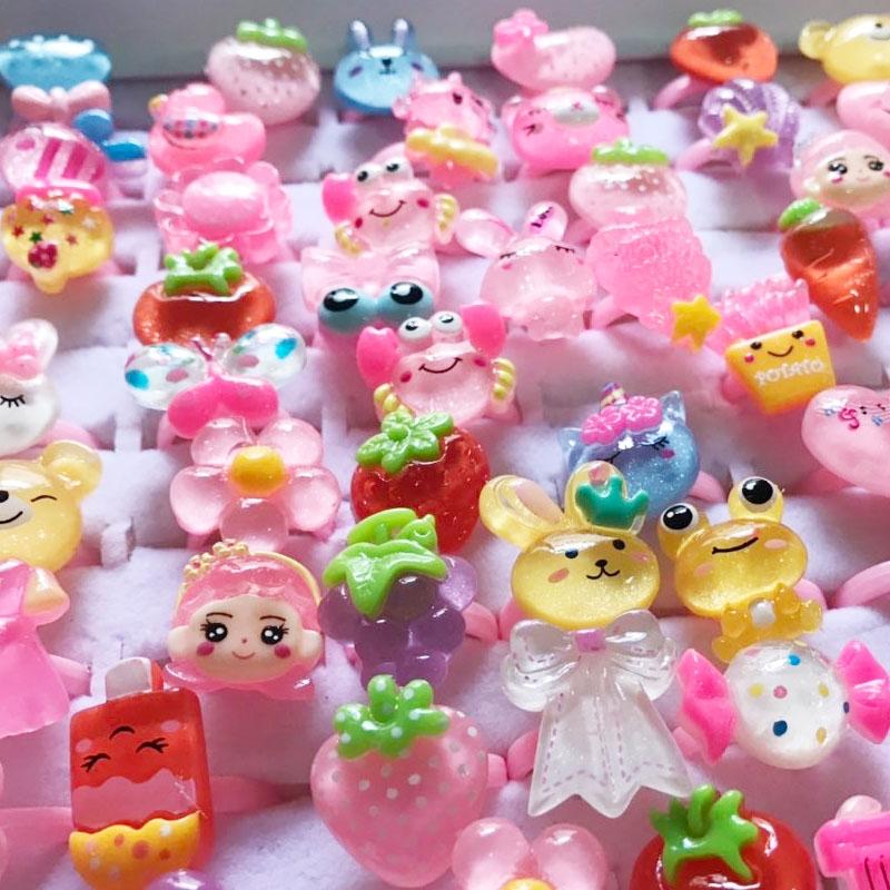 10pcs/Lot Cute Children's Cartoon Rings Glitter Flower Fruit Shape Plastic Adjustable Ope Excluding boxes
