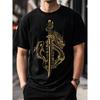 Men's Black Graphic T-Shirt With Gold Dragon And Katana Design, Round Neck Short Sleeve Tee For Casual Streetwear Fashion