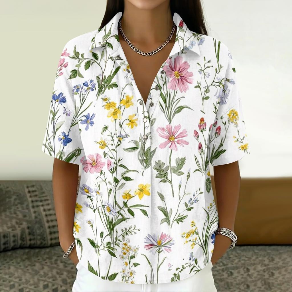 Damen Mode Polo Kragen Knopf Vintage Blumendruck Locker Geschnitten Kurzarm T-Shirt Leinenmischung Lässiges Oberteil für den Sommer