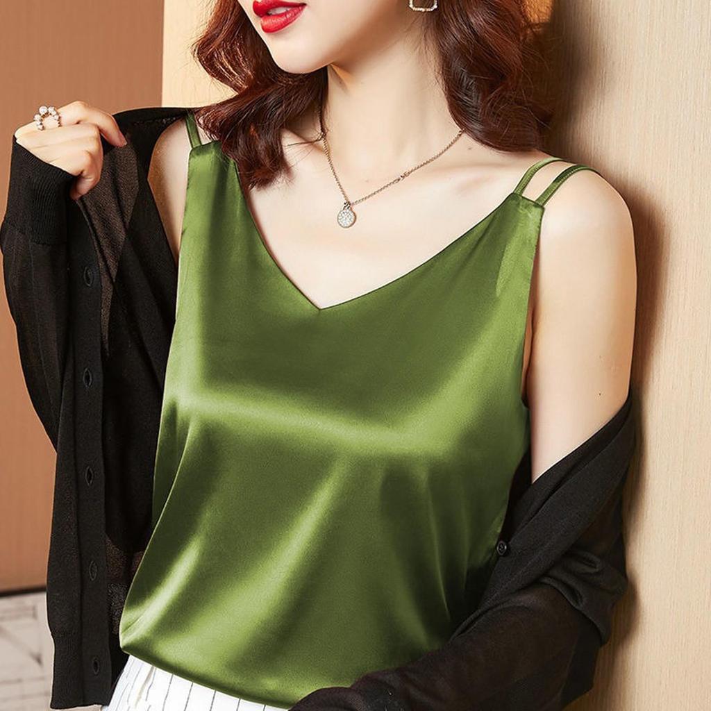Women's Summer Casual V-Neck Solid Color Silk Sleeveless Loose T-Shirt Tank Tops