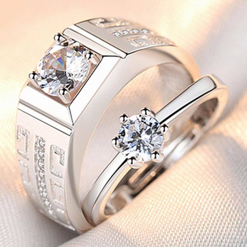1 pair/pack Fanshion Couple Rings Simple Pair Rings Simulation Diamond Ring Open Size Zircon Classic Ring Couple Wedding Rings Jewelry Gift
