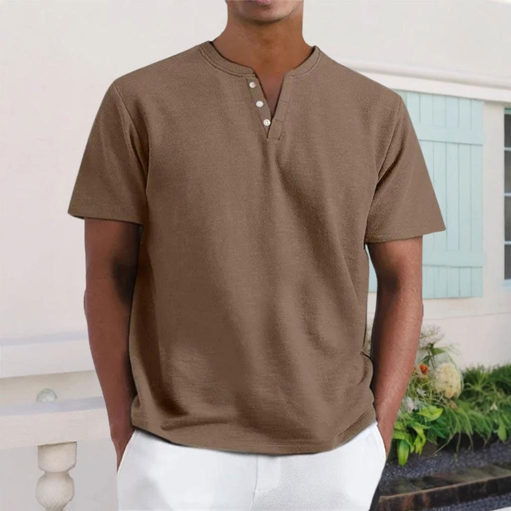 Men's Casual V-Neck Short-Sleeve Shirt - Cotton Solid Color, Breathable Button-Up Top