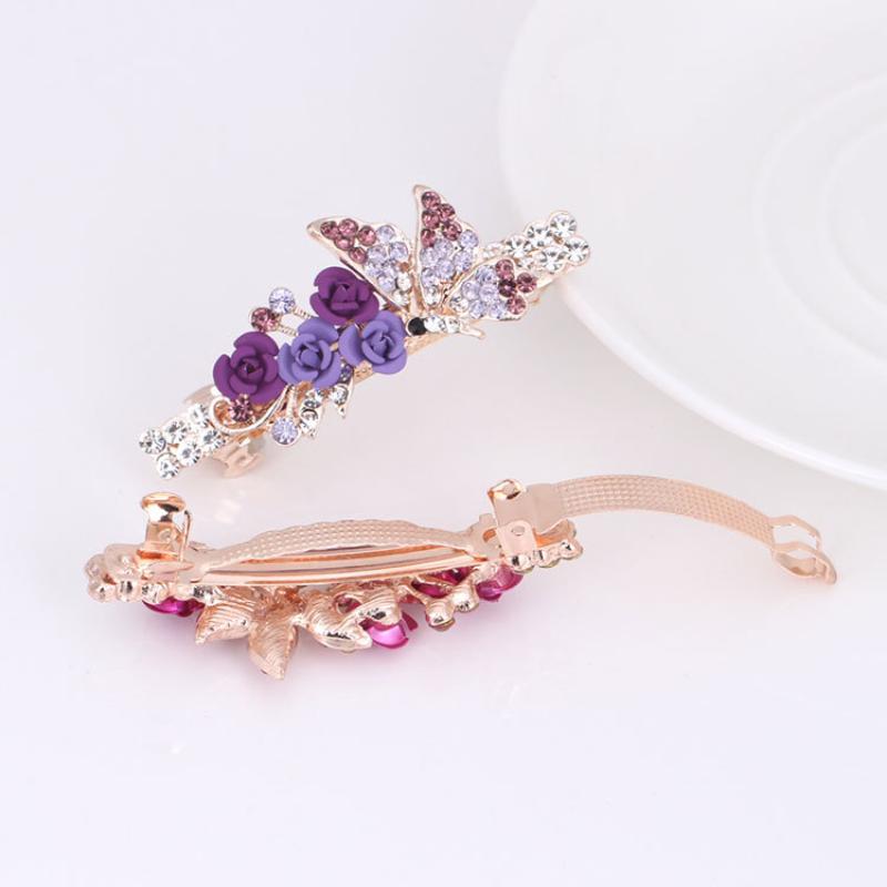 Rose Flower Rhinestone Butterfly Hair Clip, Women's Spring Clip, Top Clip, Horizontal Clip, Ponytail Clip Hair Accessory