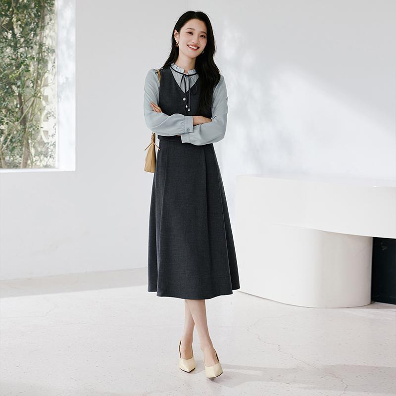 French fake two-piece spliced waist cinching dress